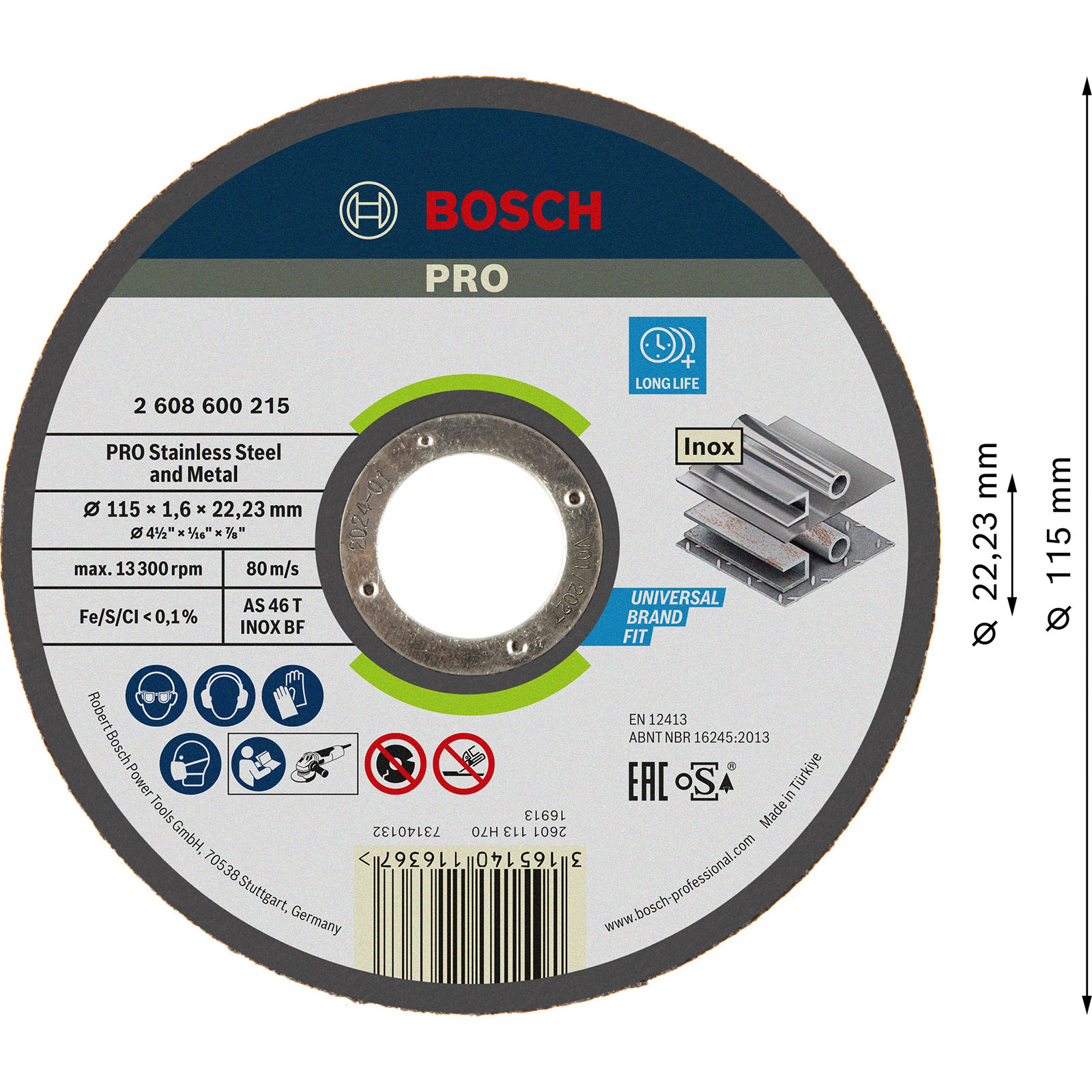Eine Bosch Pro Trennscheibe für Edelstahl und Metall. Auf der Oberfläche befinden sich Produktdetails, Abmessungen und Sicherheitssymbole.