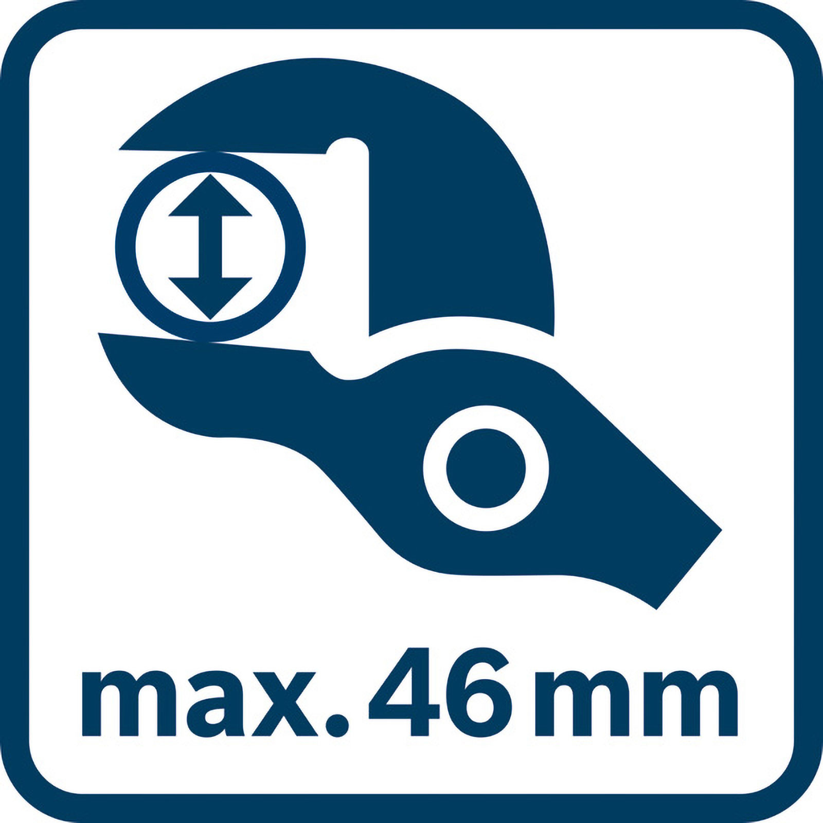 Görselde, mavi bir çerçeve içinde, beyaz zemin üzerinde, ok sembolü ve "max. 46 mm" yazısı ile mavi bir anahtar ikonu yer alıyor.