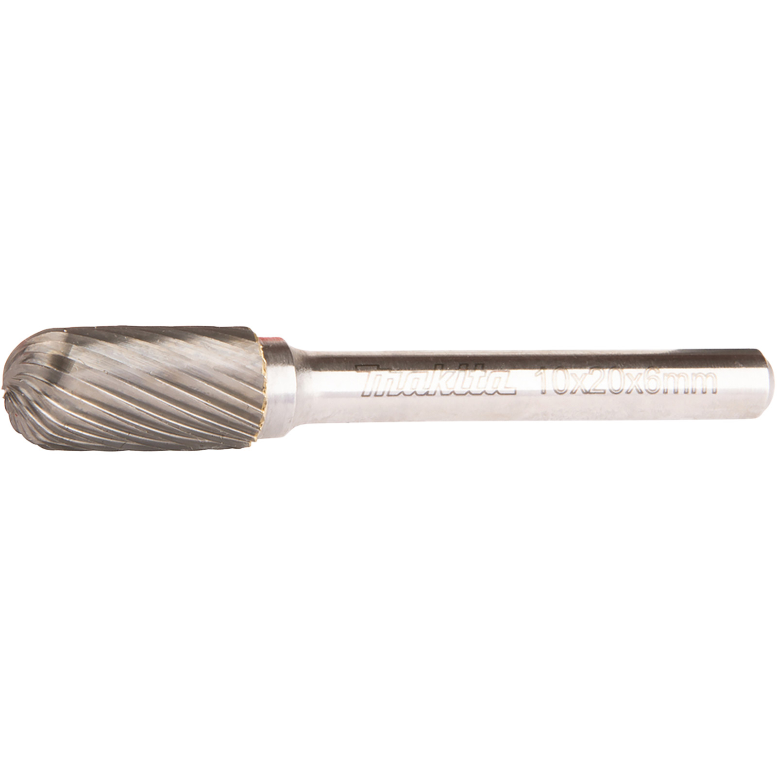Ein metallischer Makita-Fräser. Der Fräser hat einen zylindrischen Kopf mit Spiralnuten und einen silbernen Schaft. Das Modell ist 10x20x6mm.
