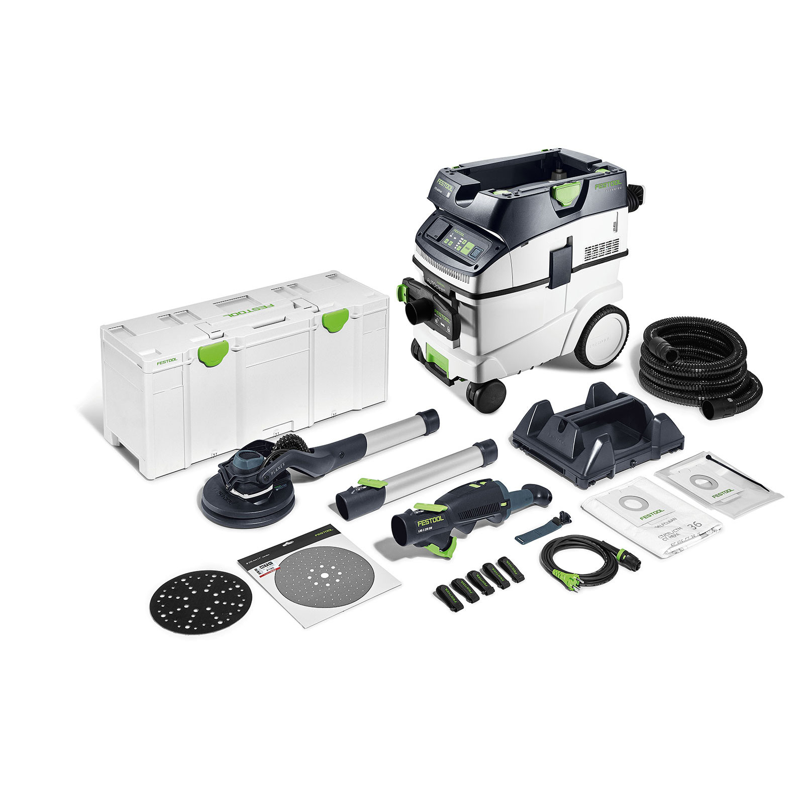 Un sistema di levigatura Festool completo, con aspirapolvere, levigatrici, cassetta degli attrezzi e accessori, su sfondo bianco.