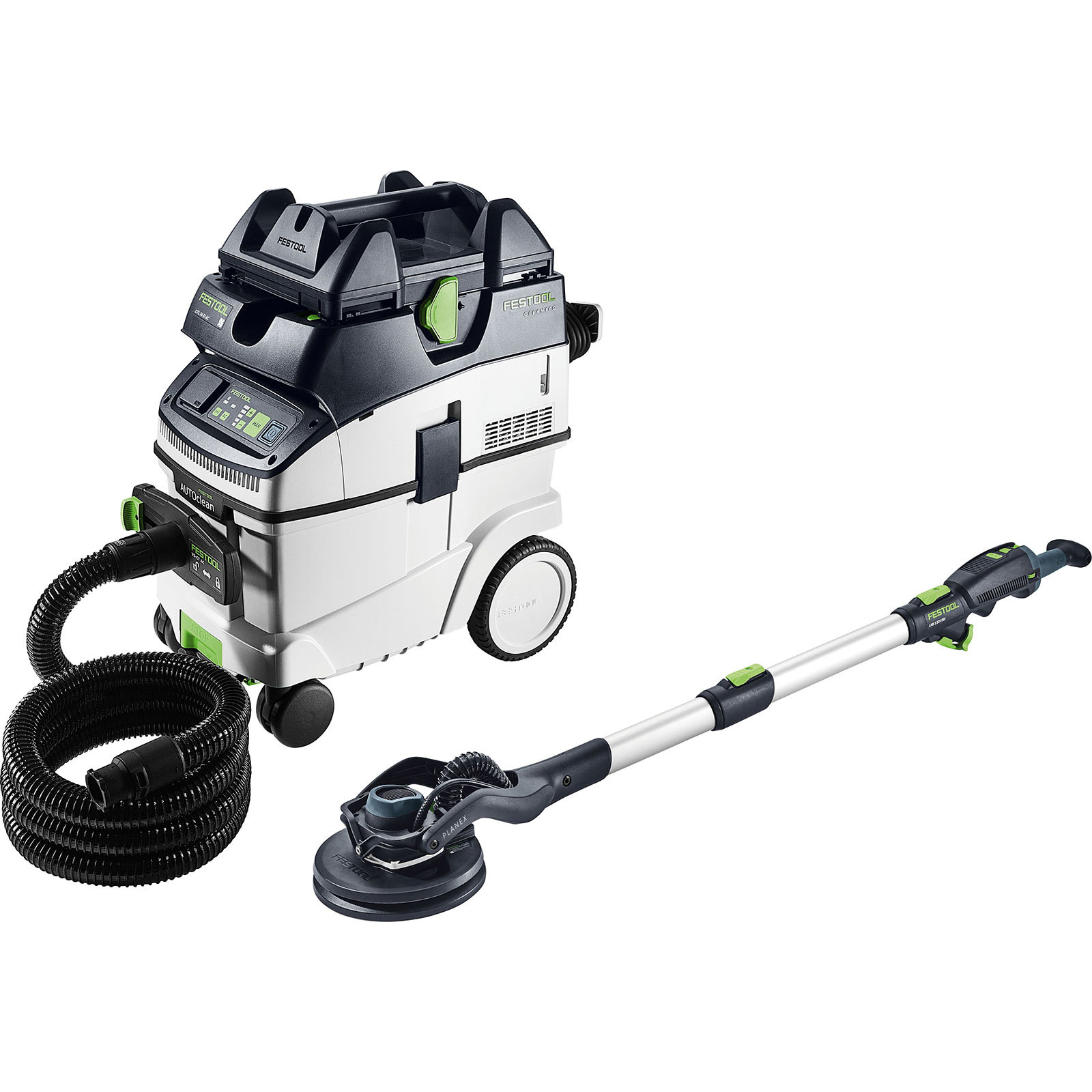 Un aspirapolvere Festool bianco e nero, una levigatrice lunga e un tubo flessibile arrotolato su sfondo bianco.