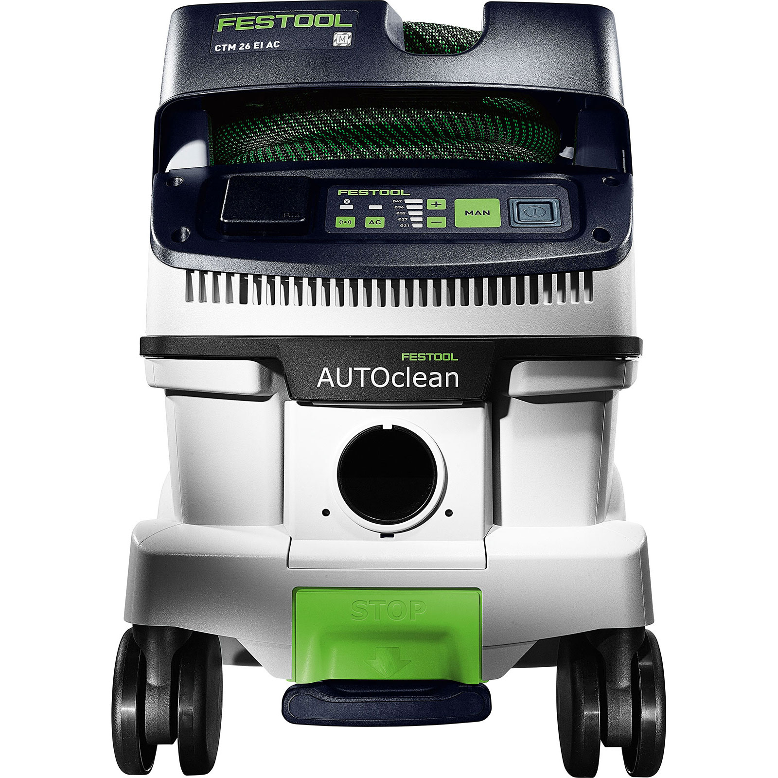 Ein Festool-Staubsauger, weißer Körper, schwarzer Deckel, grüner Schlauch und grün-schwarzes Bedienfeld. Räder unten.