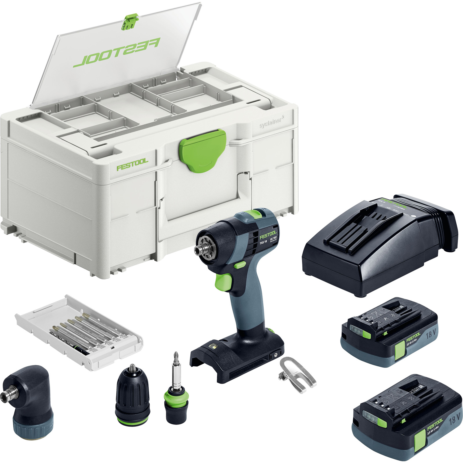 Ein weißer Werkzeugkoffer mit grünen Akzenten, ein Bohrer, Ladegerät, Batterien und verschiedene Bohrer sind abgebildet.