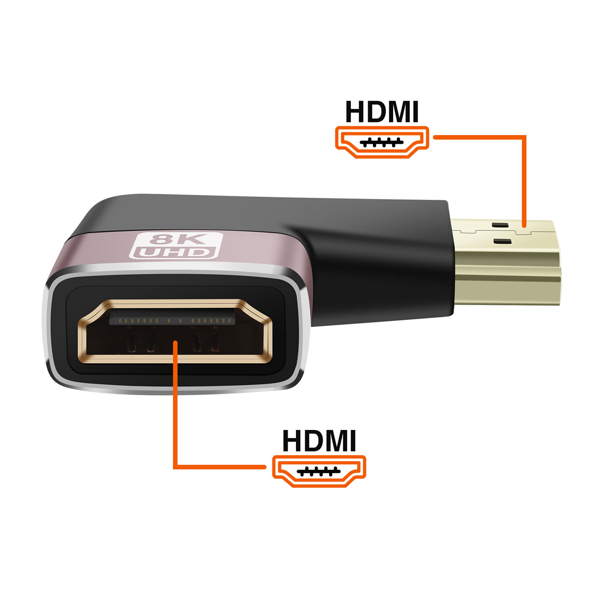 Un cavo HDMI con marchio 8K UHD. Il cavo ha due connettori HDMI, con linee arancioni che puntano a ciascuno.