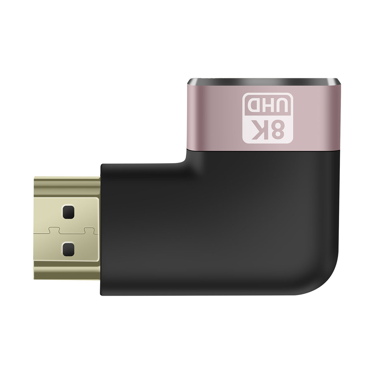 Un adattatore HDMI con corpo nero e parte superiore oro rosa. Ha un logo 8K UHD. Il connettore è dorato.