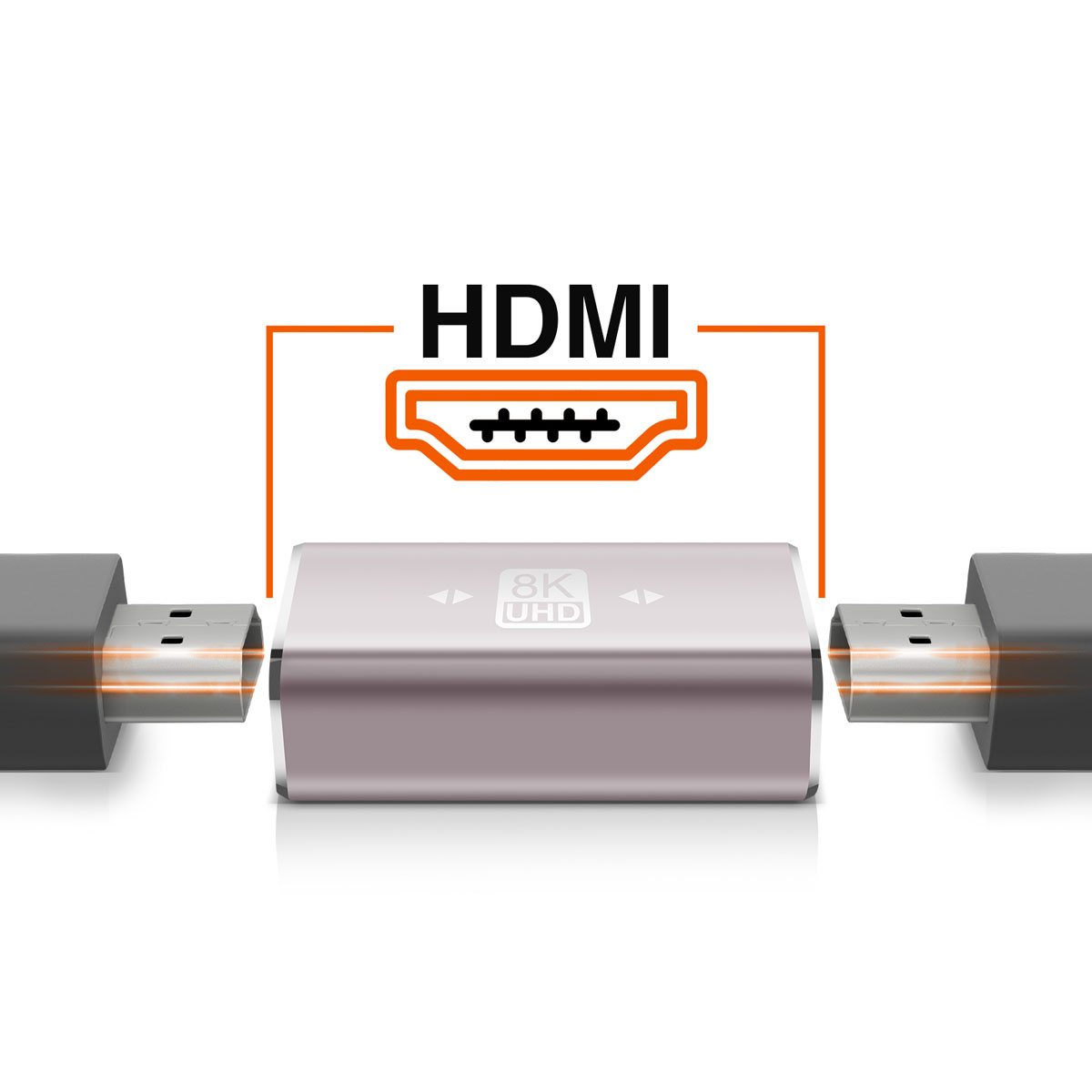 Cavo HDMI con connettore al centro. Il cavo è collegato ad altri due connettori. È visibile 8K UHD.