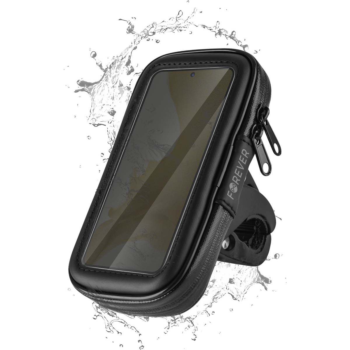 Custodia nera per telefono con schermo trasparente, montata su una bici, con effetto spruzzo d'acqua. Il marchio "FOREVER" è visibile.
