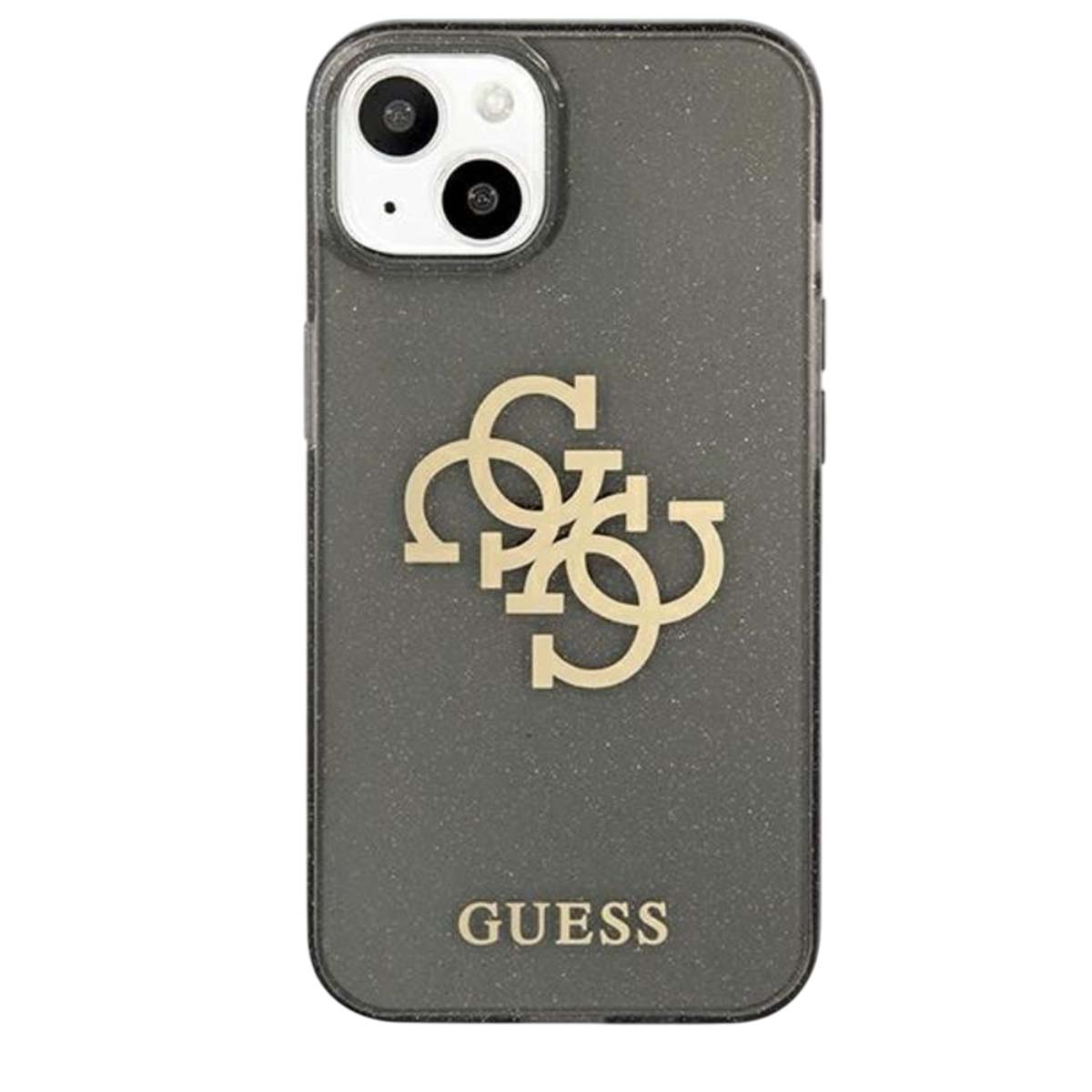 Una custodia grigia per telefono con il logo Guess dorato. La fotocamera è visibile in alto. La parola "GUESS" è in basso.