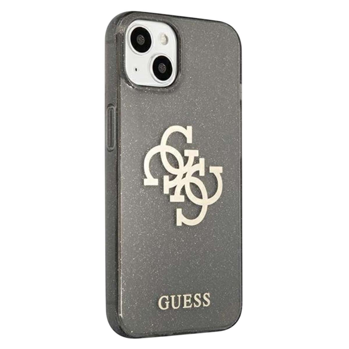 Custodia Guess grigia. Logo e testo bianchi: GUESS. Fotocamera del telefono visibile. Texture glitterata.