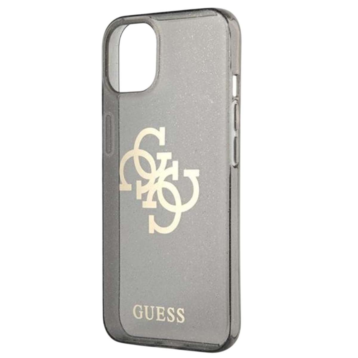 Una custodia trasparente per iPhone con logo Guess. La custodia è grigia, con il logo al centro e la scritta GUESS sotto.