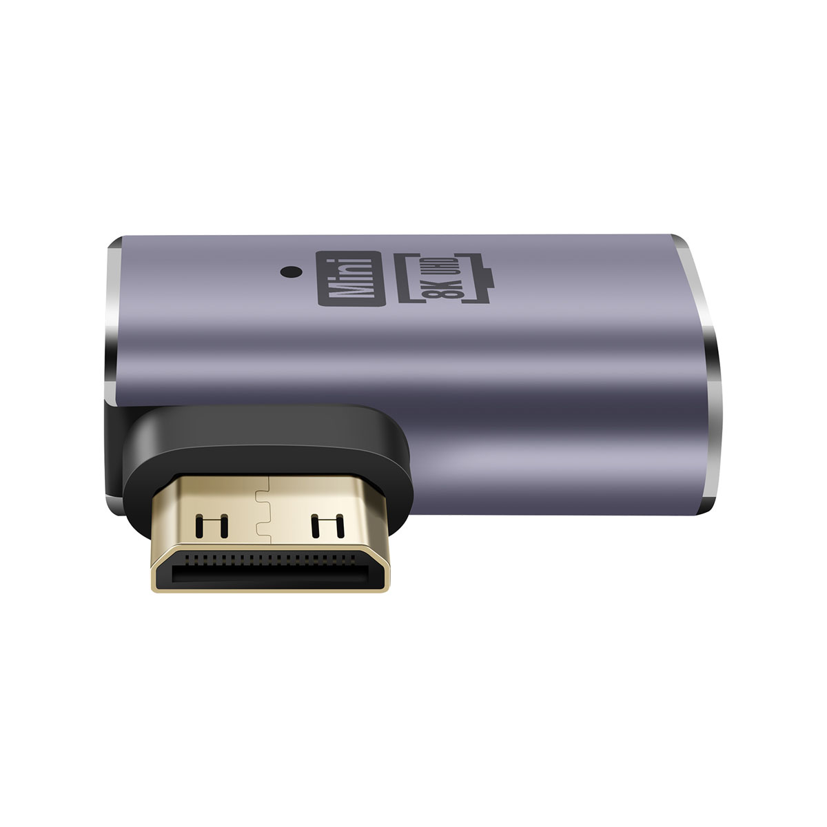 Un adattatore Mini 8K UHD argento-viola, con un giunto nero e una porta HDMI dorata.