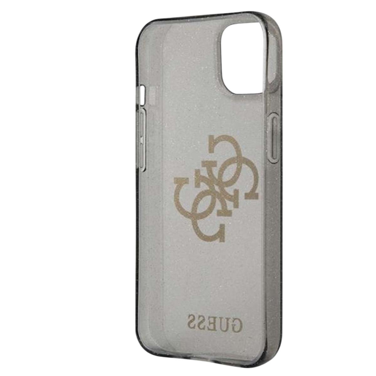 Una custodia trasparente per telefono con logo Guess dorato. La custodia è leggermente scintillante. La parola "Guess" è in basso.