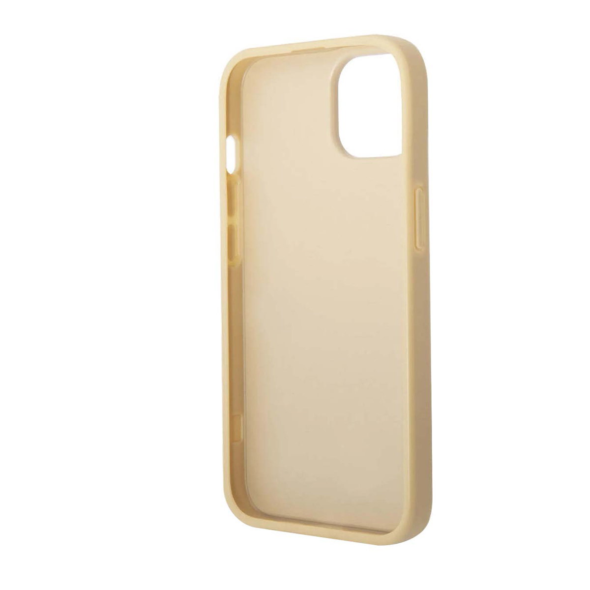 È mostrata una custodia per telefono beige chiaro. È a tinta unita con ritagli per la fotocamera e i pulsanti. Lo sfondo è bianco.