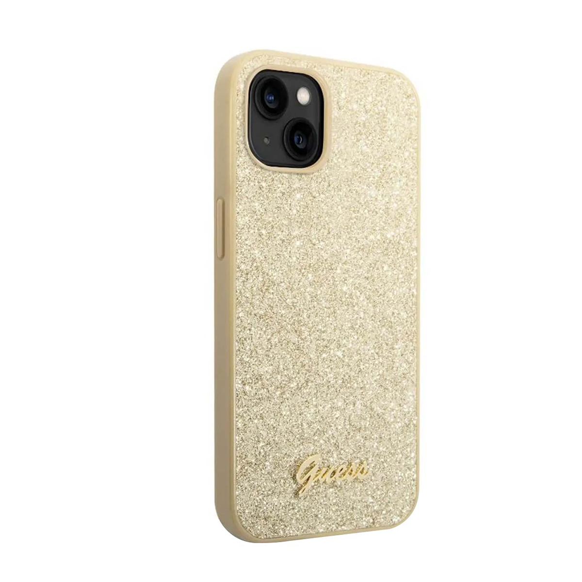 Una custodia per iPhone con glitter dorati. Presenta una fotocamera a doppia lente, il logo Guess dorato e un bordo color crema liscio.