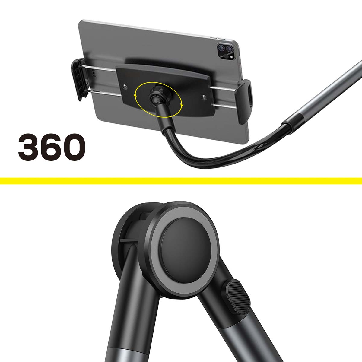 Ein Tablet ist an einem schwarzen Halter befestigt. Ein flexibler Arm verbindet es mit einem Ständer. Der Ständer und Halter sind meist schwarz und grau.