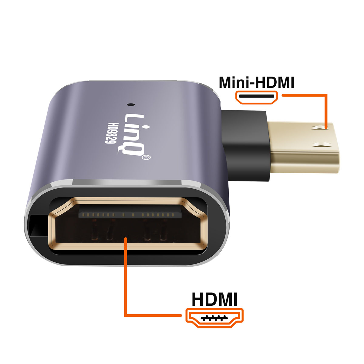 Un adattatore argento e nero con porte HDMI e Mini-HDMI. Le etichette indicano le porte e il marchio. Sfondo bianco.
