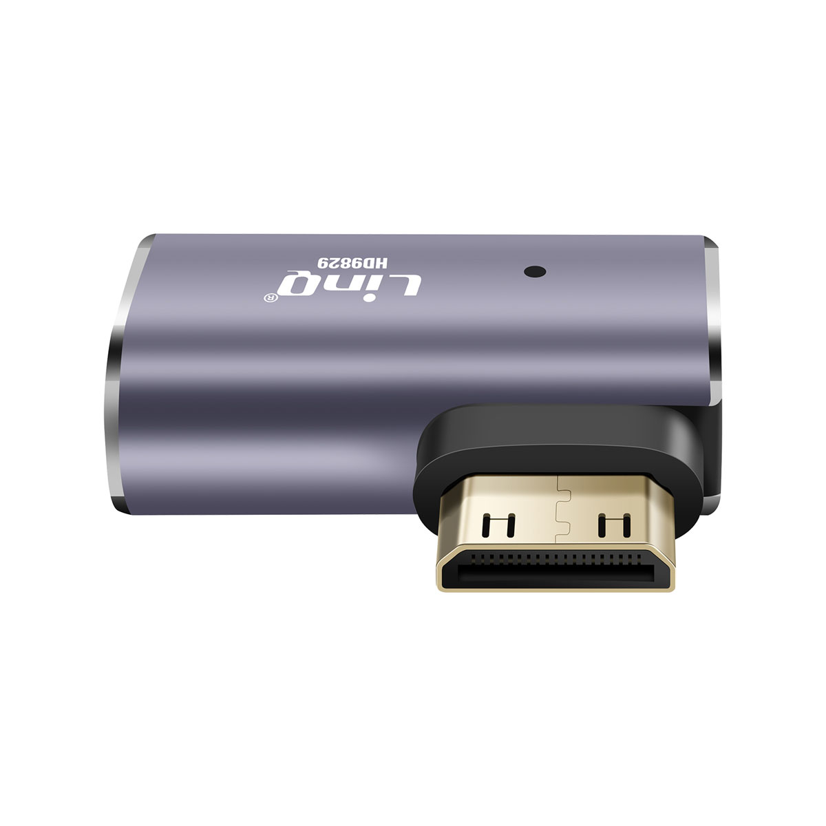 Un adattatore HDMI viola e nero. Ha un connettore HDMI maschio e una porta HDMI femmina. Il marchio è Linq.