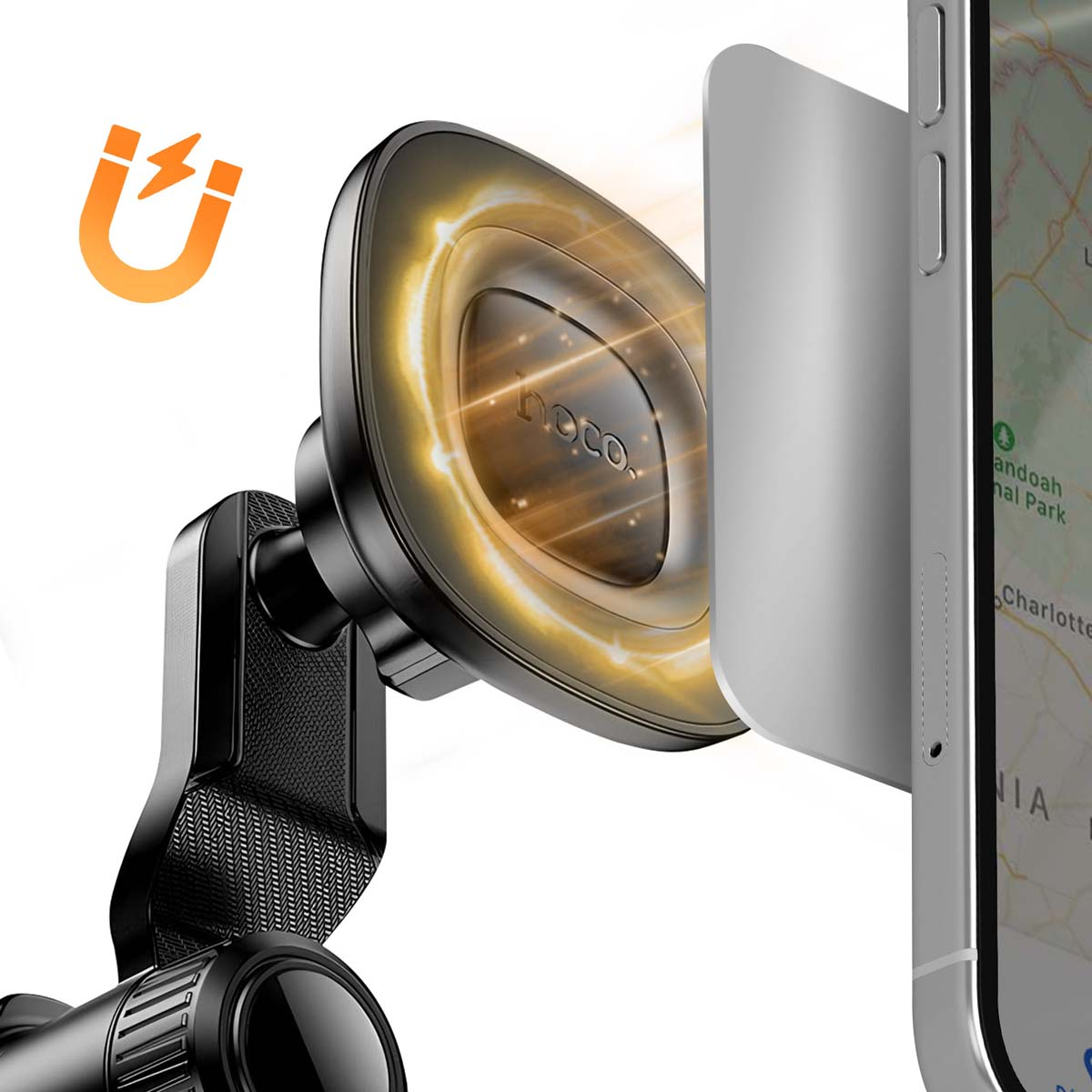 Un supporto per telefono nero tiene uno smartphone. Il supporto ha un supporto magnetico circolare con un anello arancione brillante.