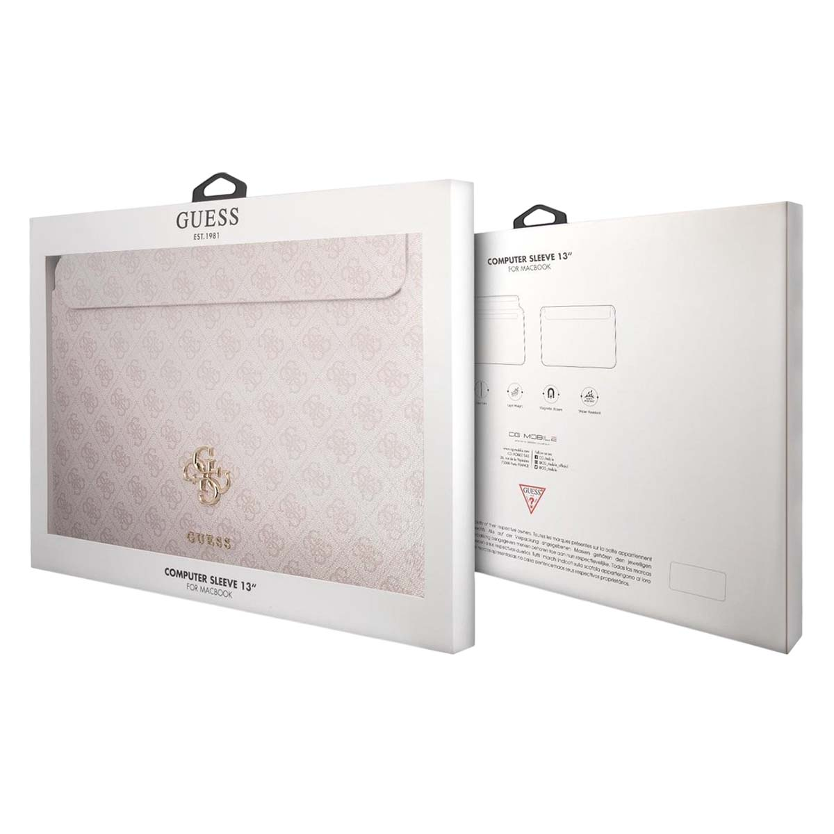 Una funda para computadora Guess para Macbook se muestra en su embalaje. La funda es rosa con un patrón repetido y el logotipo de Guess.