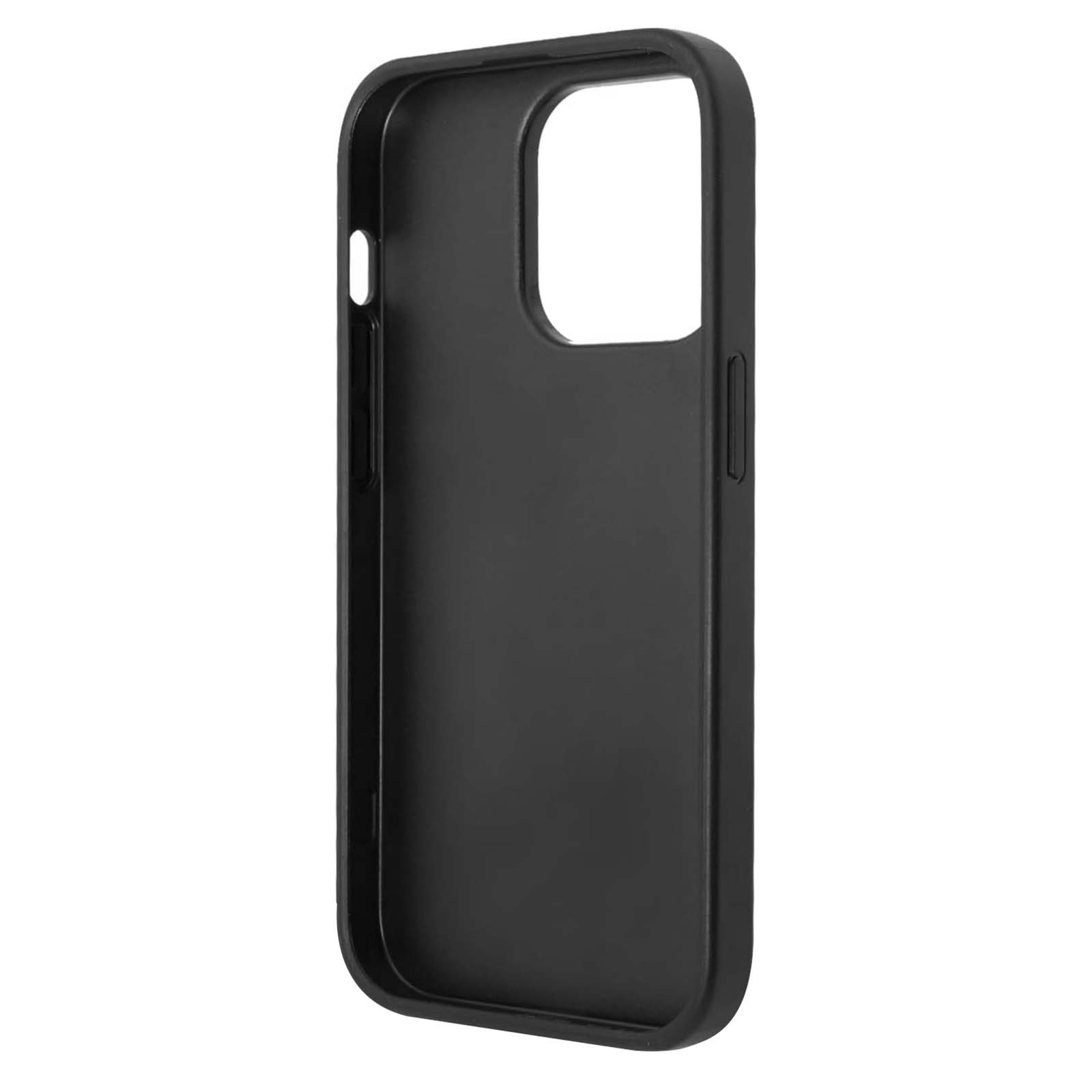 Custodia nera per telefono. Ha un ritaglio per la fotocamera e rientranze per i pulsanti. Lo sfondo è bianco.