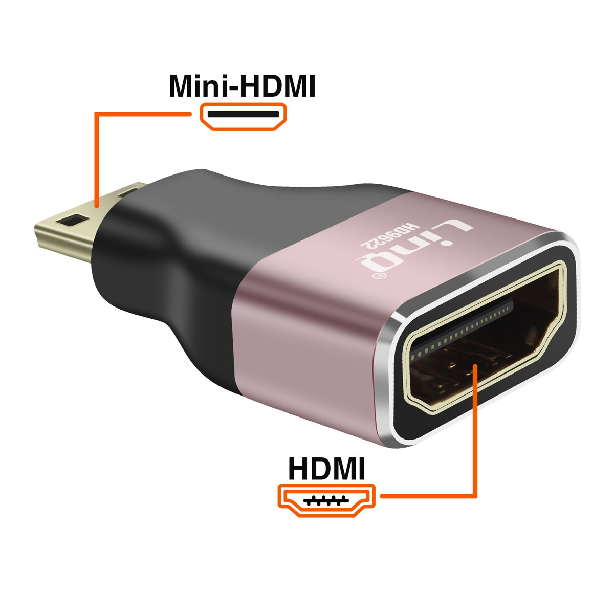 Un adattatore HDMI con connettori mini-HDMI e HDMI. Ha una combinazione di colori nero e oro rosa, contrassegnato con 'ling HD9622'.