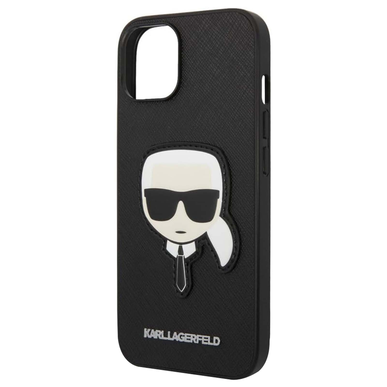 Custodia per telefono nera con logo Karl Lagerfeld. Silhouette bianca di Karl con occhiali da sole e cravatta nera.