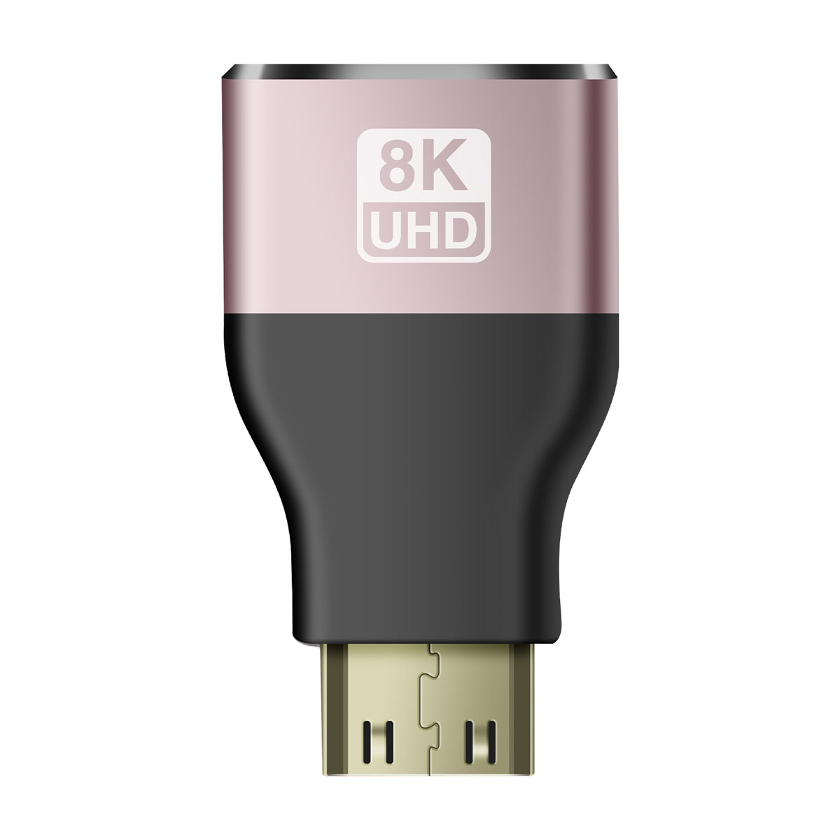 Un adattatore HDMI 8K UHD. La parte superiore è oro rosa con testo, la parte centrale nera e la parte inferiore dorata con pin.