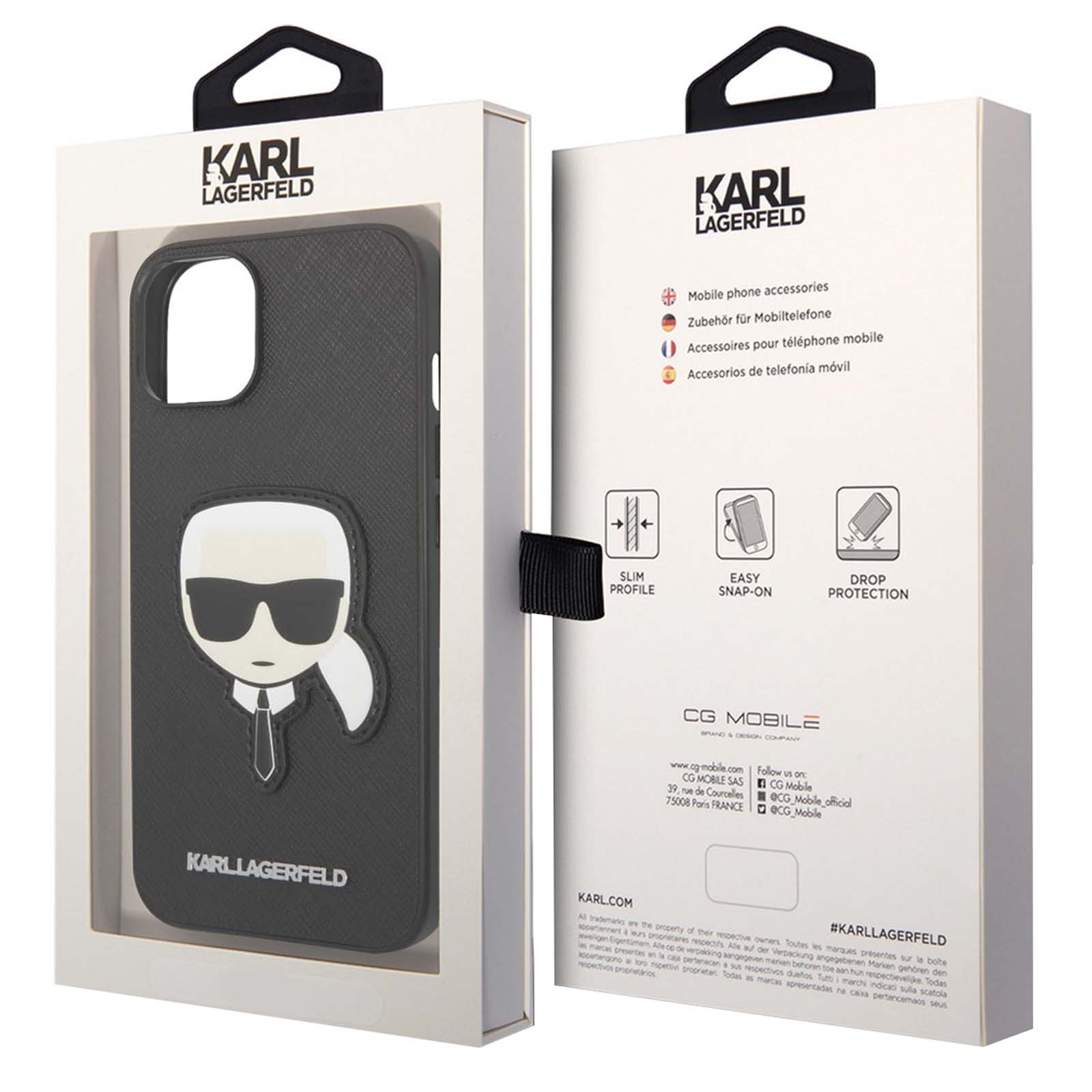 Una custodia per telefono in una scatola con il logo Karl Lagerfeld. La custodia ha una grafica bianca di Karl. La scatola è bianca e nera.