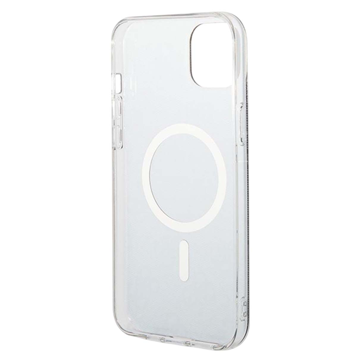 Transparente iPhone-Hülle mit weißem Magnetring. Die Hülle hat Aussparungen für Kamera und Knöpfe. Der Hintergrund ist weiß.