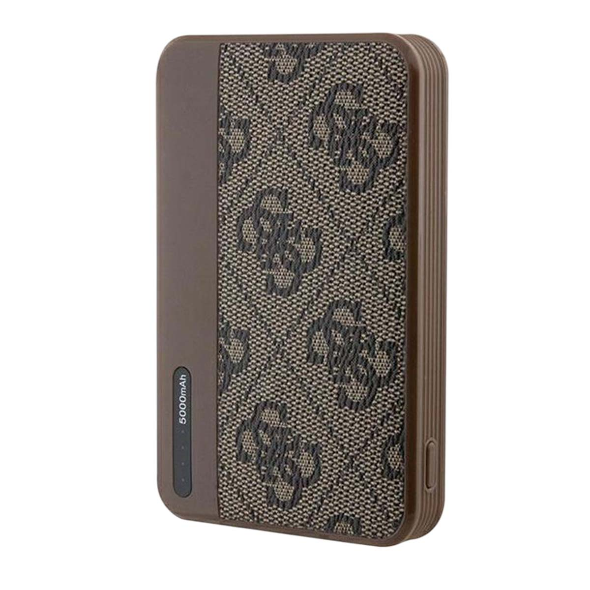Un caricabatterie portatile marrone e beige a fantasia. Ha una striscia marrone scuro con il marchio 5000mAh su un lato.