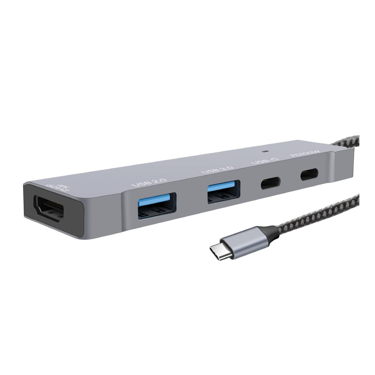 Un hub USB grigio con più porte è visualizzato. Un cavo USB-C è collegato. Le porte includono USB 2.0, USB 3.0 e USB-C.