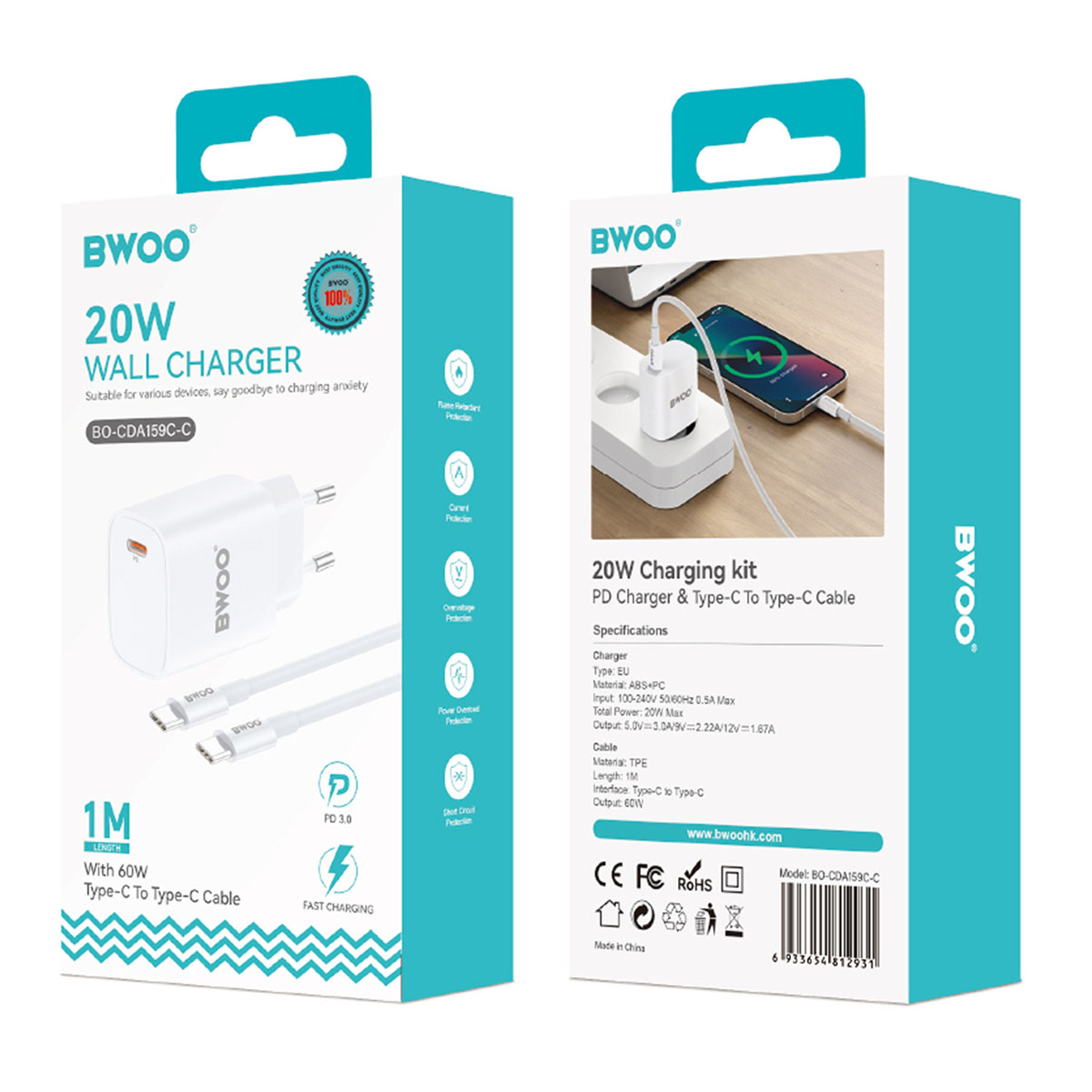 Una scatola bianca e blu mostra un telefono in carica, un caricatore e un cavo. Il testo recita '20W Charging kit' e 'BWOO'.