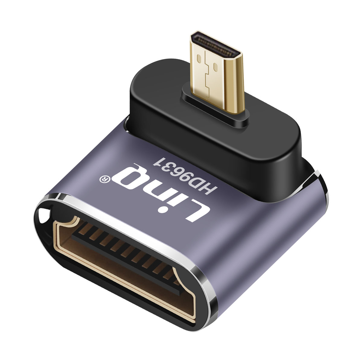 Un adattatore HDMI. È argento e viola. Ha una porta HDMI dorata. Il marchio è 'Linq'.