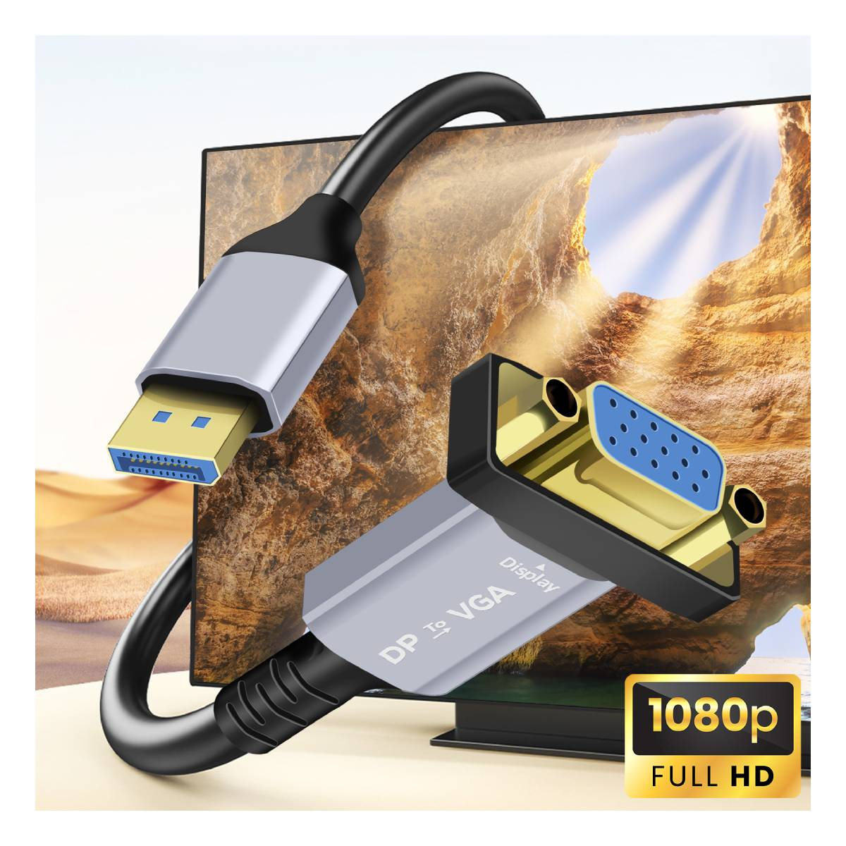 Cavo DisplayPort a VGA. Connettori argento e neri con estremità USB gialla. Lo sfondo mostra un paesaggio desertico.