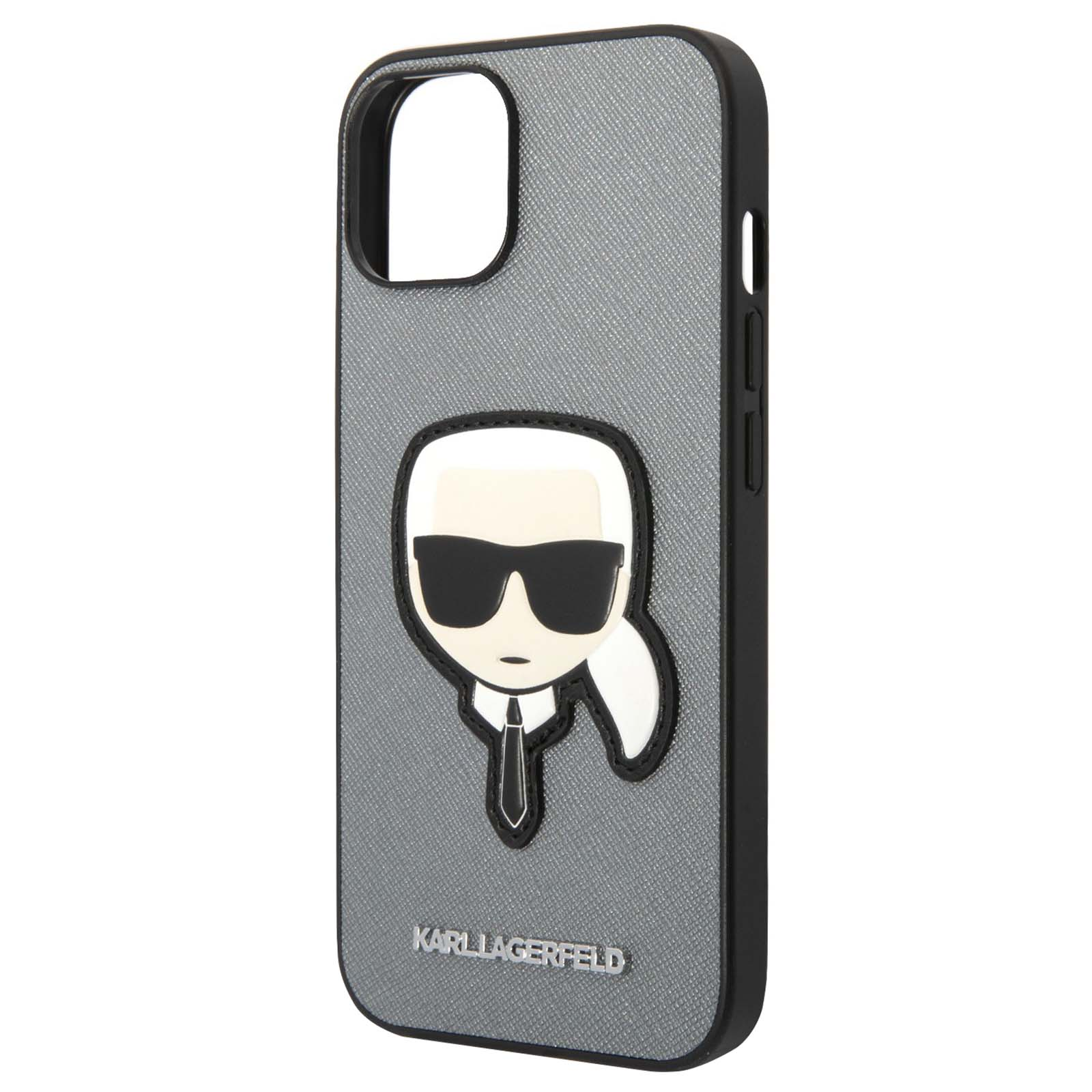 Custodia per telefono grigia con bordo nero. Presenta un volto a cartone animato bianco e nero e il nome KARL LAGERFELD.