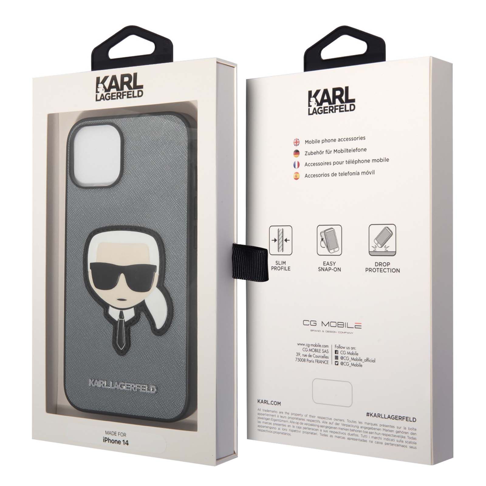 Una scatola per custodia del telefono. Ha il logo Karl Lagerfeld e una custodia con il design Karl Lagerfeld.
