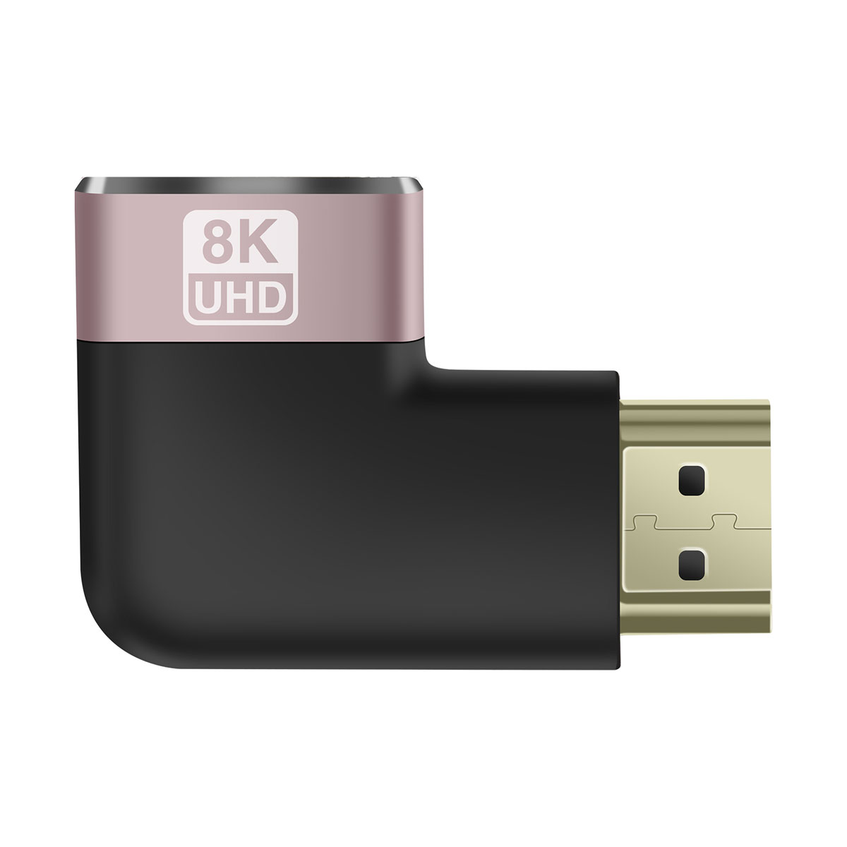 Un adattatore HDMI. Ha un corpo nero e oro rosa, con la scritta '8K UHD'. Il connettore è dorato.