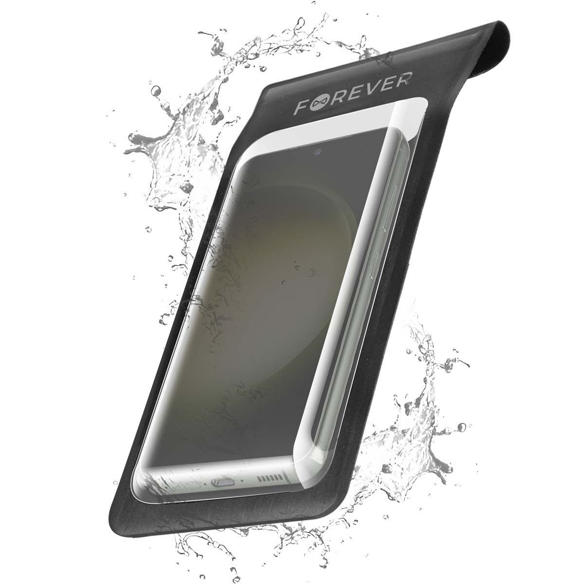 Uno smartphone in una custodia impermeabile nera con la scritta 'FOREVER'. Schizzi d'acqua intorno alla custodia suggeriscono resistenza all'acqua.