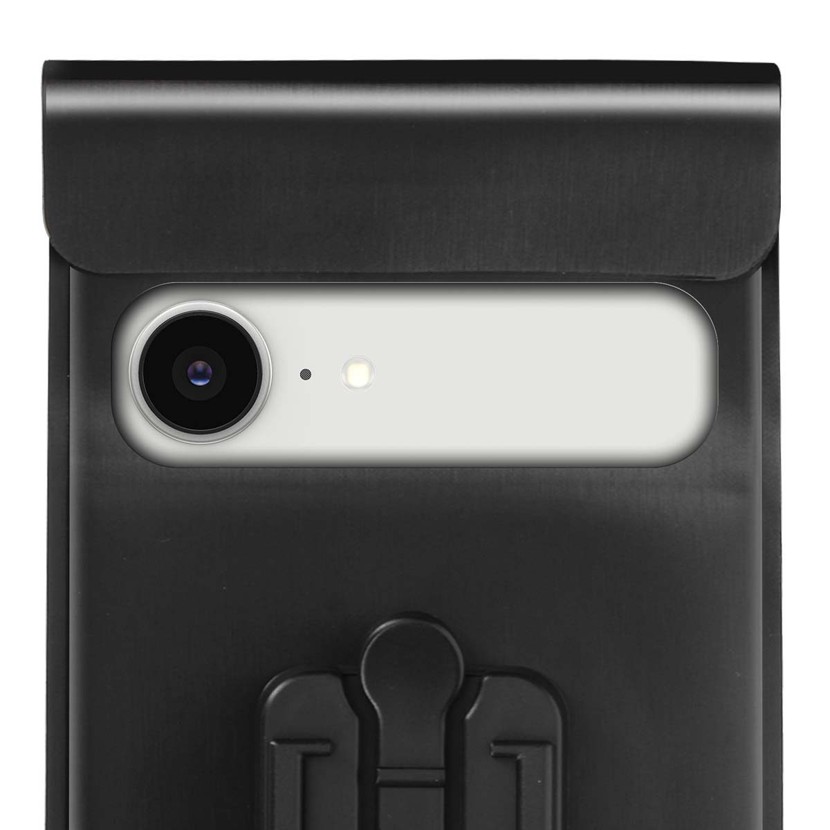 Primo piano di una custodia nera per telefono con sezione fotocamera bianca. Obiettivo, flash e piccolo punto visibili. La custodia ha una clip.
