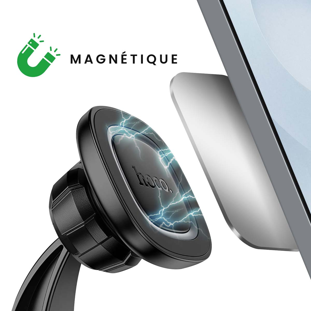 Un supporto magnetico nero per telefono con testa circolare ed effetto fulmine. La parola 'MAGNETIQUE' è accanto a un magnete verde.