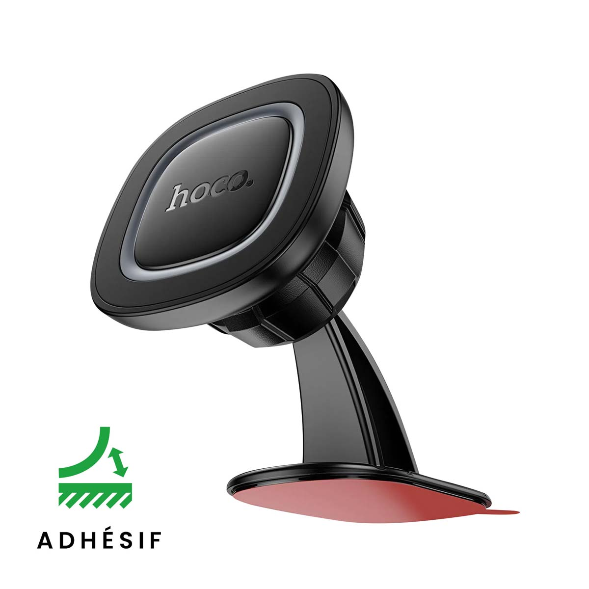 Supporto per telefono nero con logo 'hoco' su sfondo bianco. Ha una base con adesivo rosso e la scritta 'ADHÉSIF'.