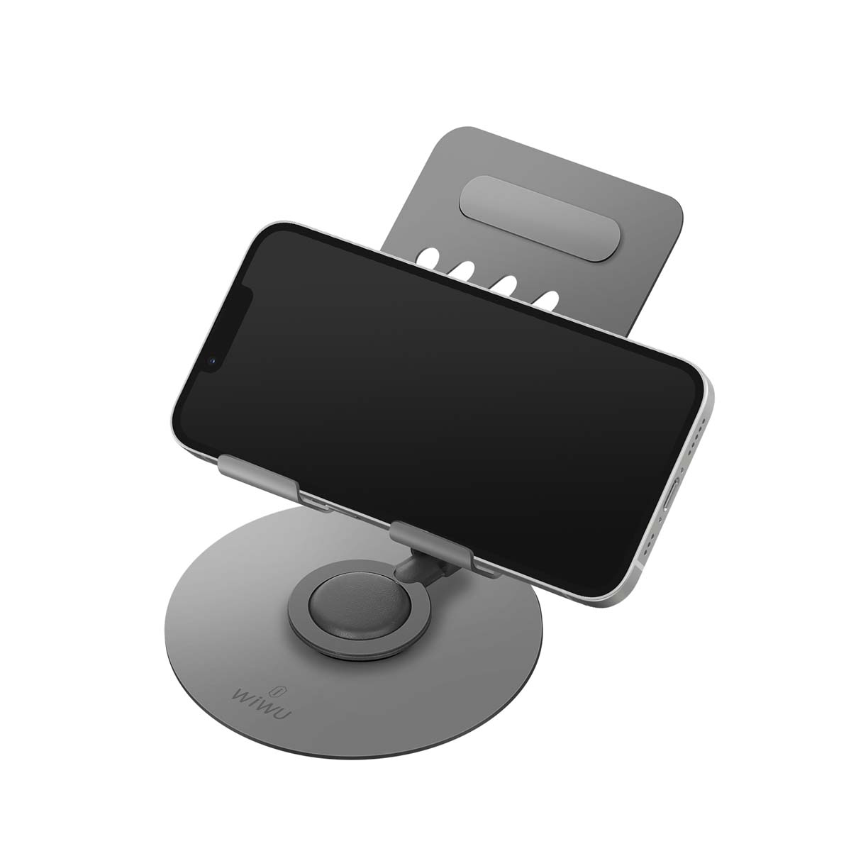 Ein grauer Telefonständer hält ein schwarzes Smartphone. Der Ständer ist rund mit einem verstellbaren Arm und einer Halterung.