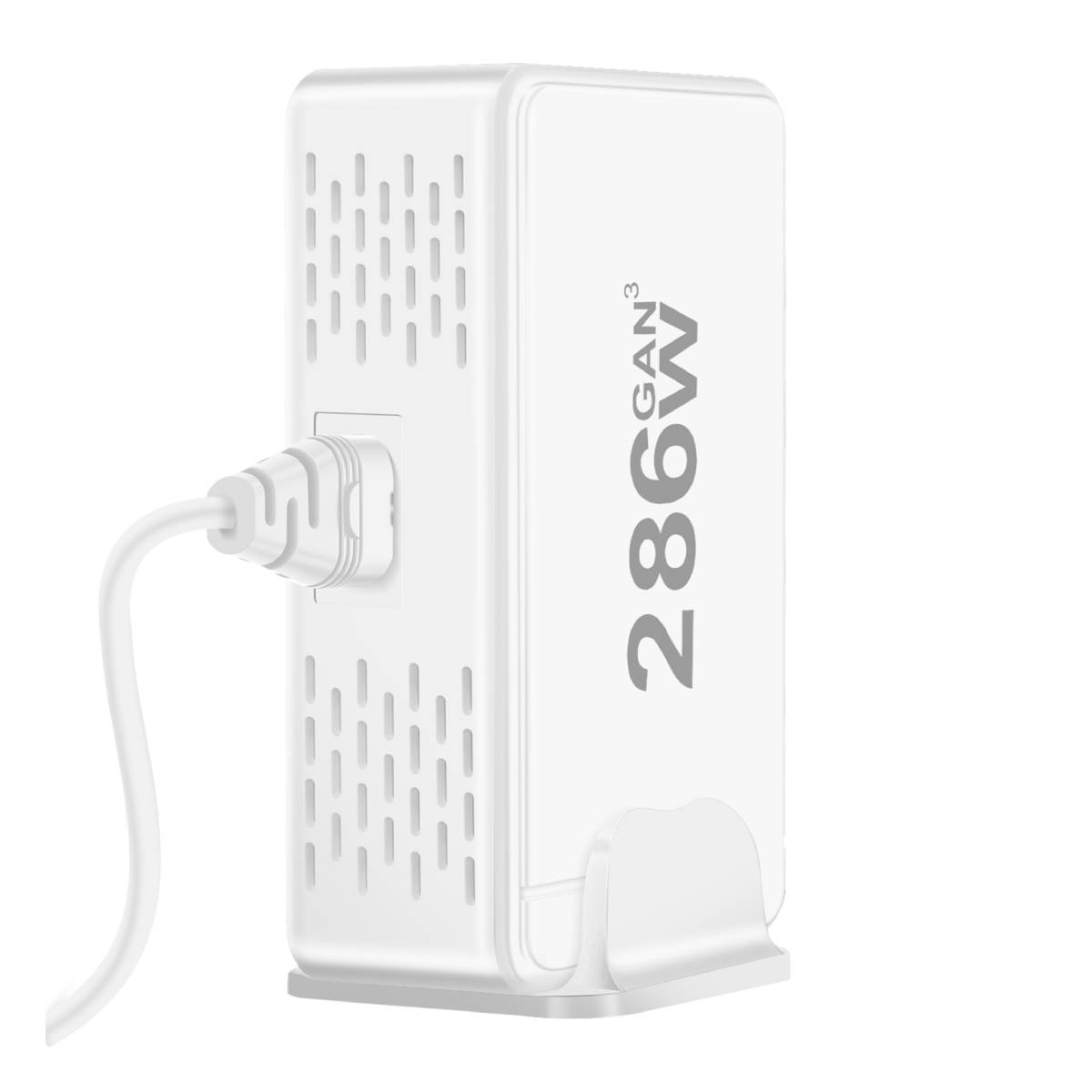 Un adattatore di alimentazione bianco con spina e cavo. Ha stampato '286W GAN3'. L'adattatore è su una superficie bianca.