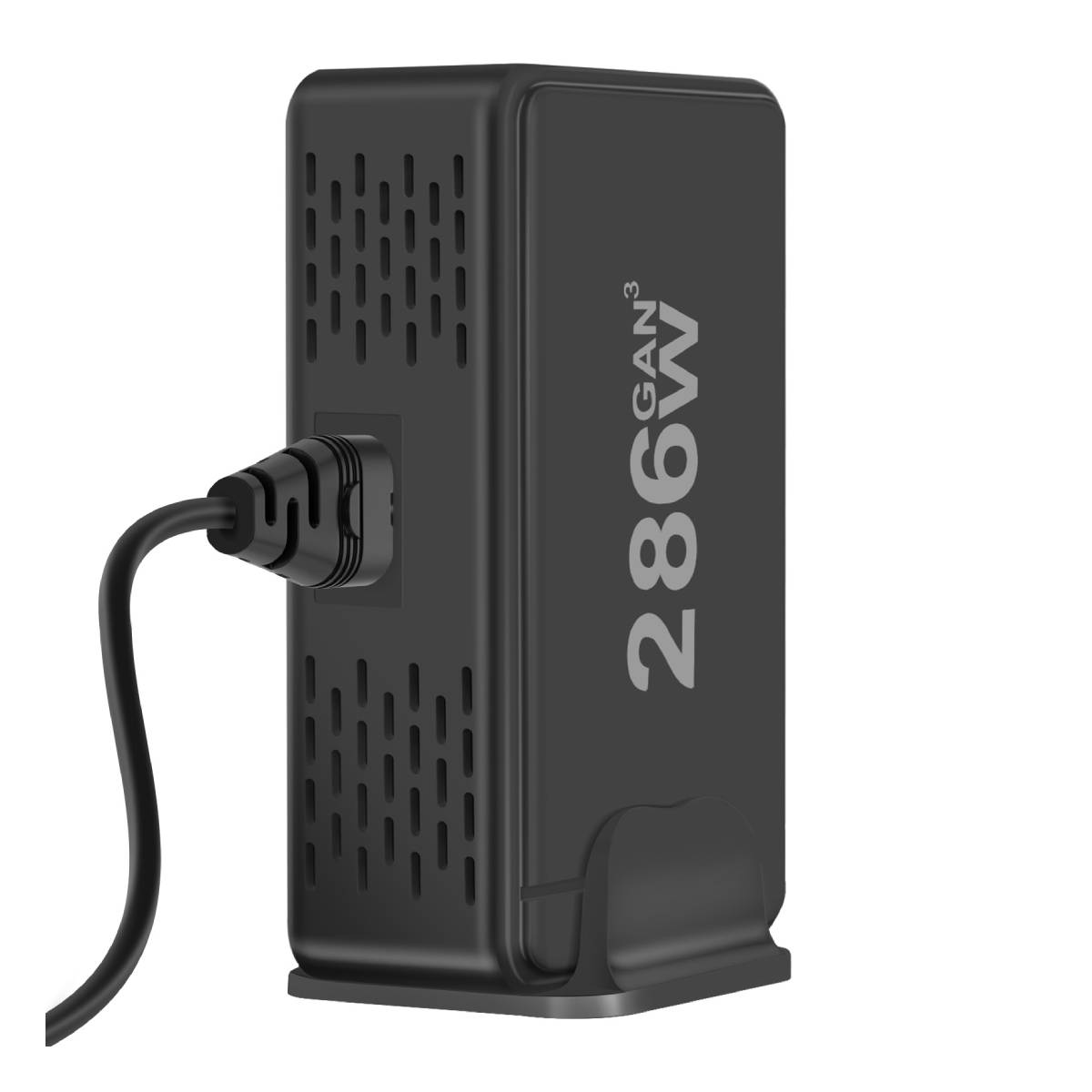 Ein schwarzes 286W GAN-Ladegerät mit eingestecktem Netzkabel. Es hat Lüftungsschlitze und einen Ständer. Der Text '286W GAN³' ist sichtbar.