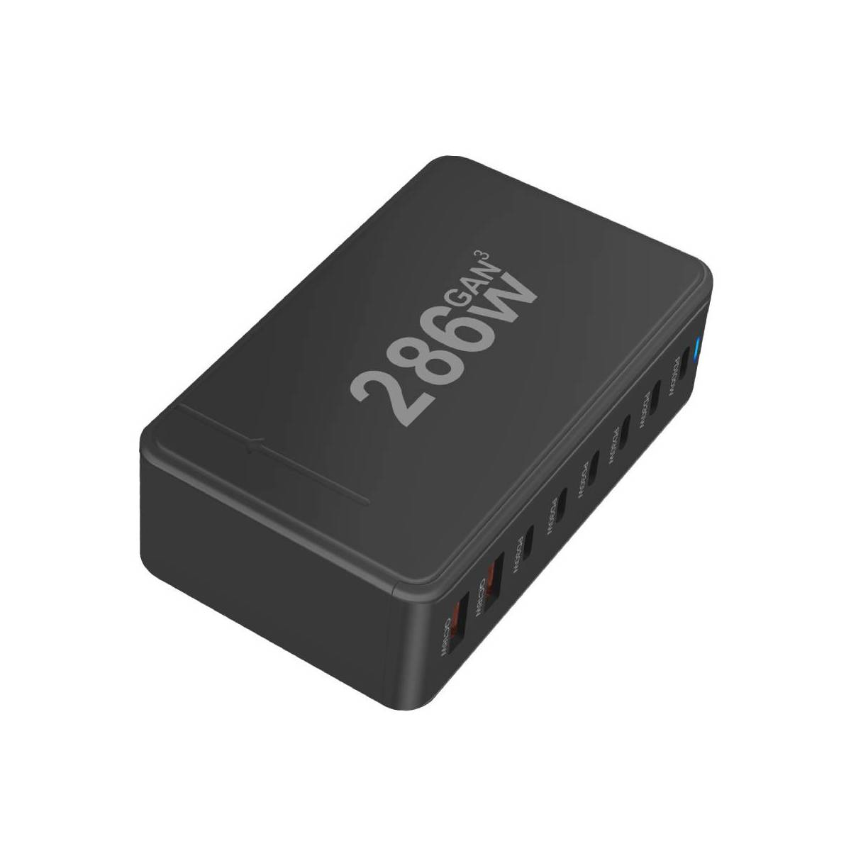 Ein schwarzes 286W GAN-Ladegerät. Es hat mehrere Anschlüsse und Beschriftungen wie MICR/PD und USB-C. Auf der Oberseite steht 286W GAN3.