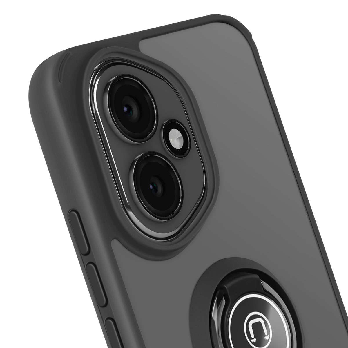 Gros plan d'une coque de téléphone noire avec caméra. La coque a un support de bague et un cadre de caméra argenté. Le fond est gris.