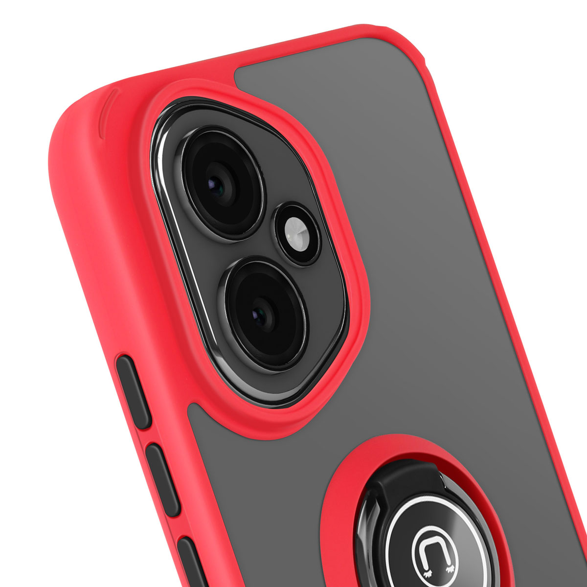 Een telefoonhoesje met een rood frame en een donkergrijze achterkant. De cameralenzen zijn zichtbaar. Er is een ringhouder bevestigd.