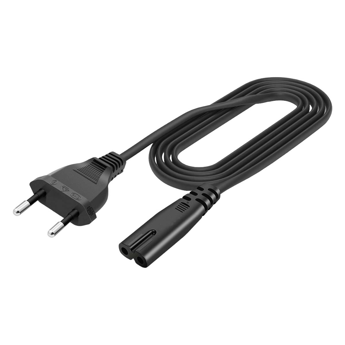 Ein schwarzes Netzkabel mit Eurostecker und Zweipolstecker liegt auf einer weißen Oberfläche. Das Kabel ist neu.