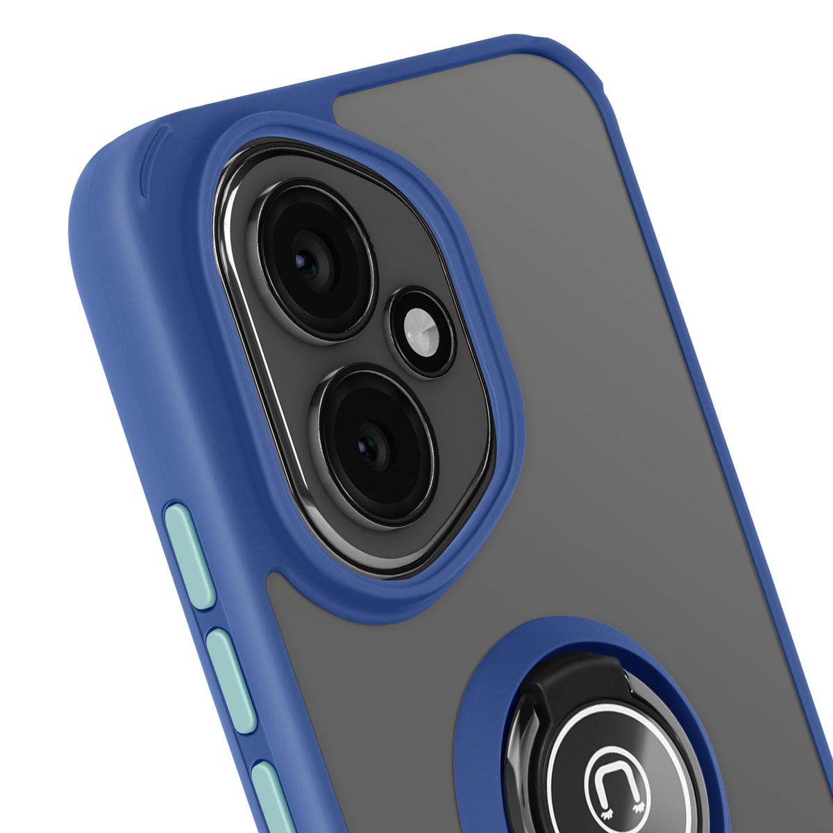 Close-up van een telefoonhoesje. Het heeft blauwe randen, een grijze achterkant en een ringhouder. De cameralenzen zijn zichtbaar.