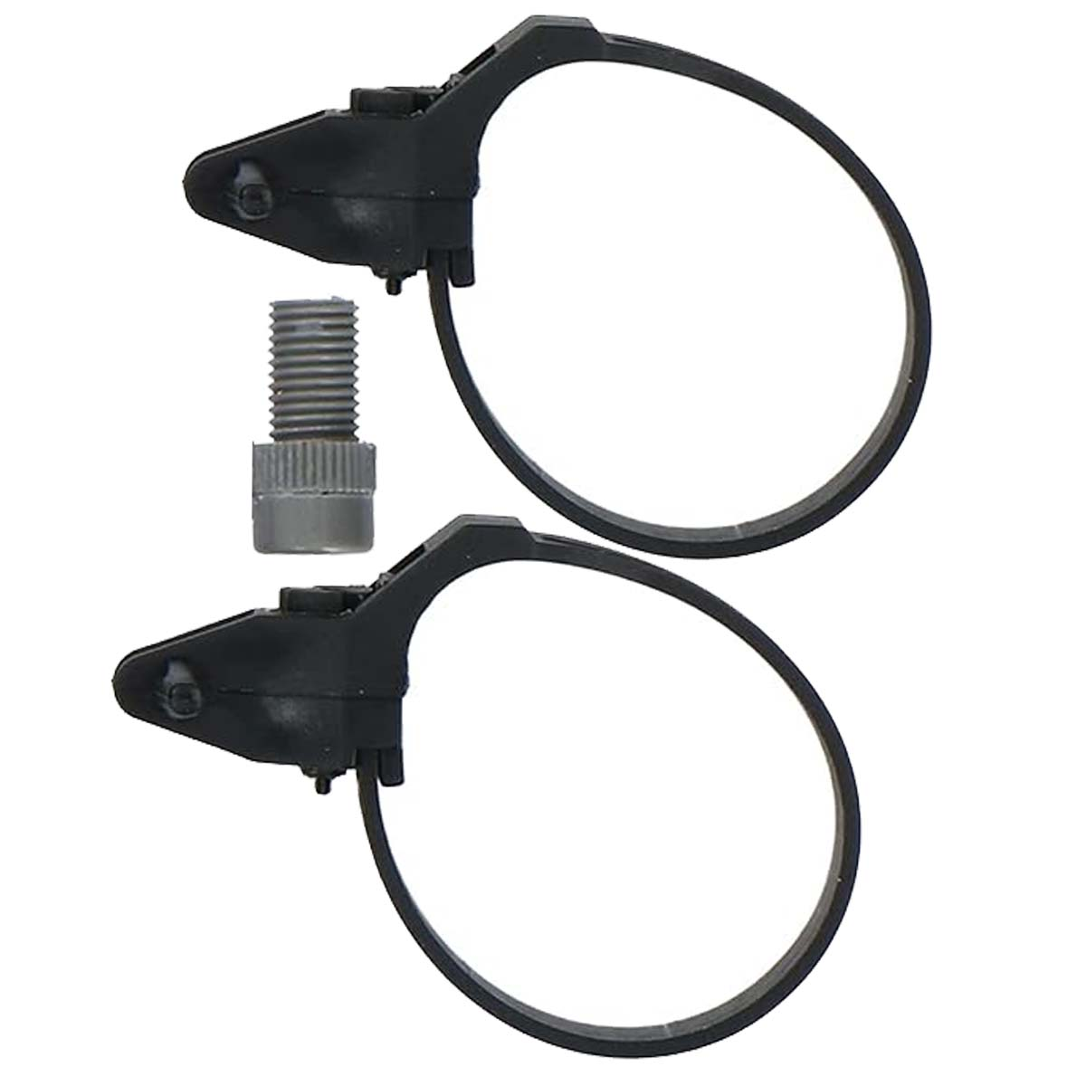 Deux colliers de serrage noirs en plastique avec un boulon argenté au milieu. Les colliers ont un design circulaire.